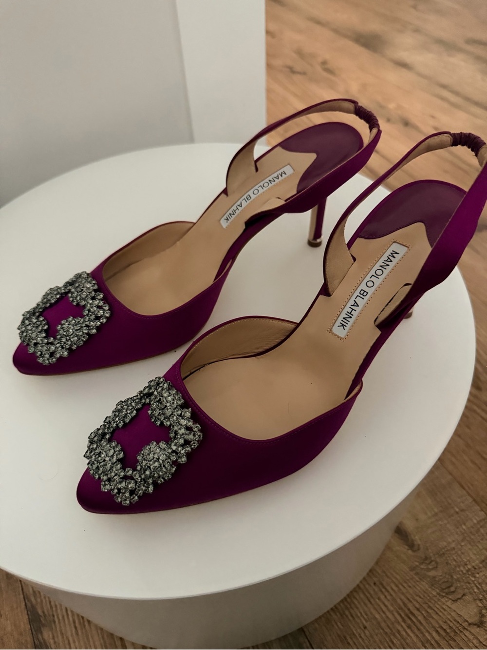 Manolo Blahnik Magenta Satin Pointed Slingback Pumps with Crystal Buckles - Picture 5 of 7